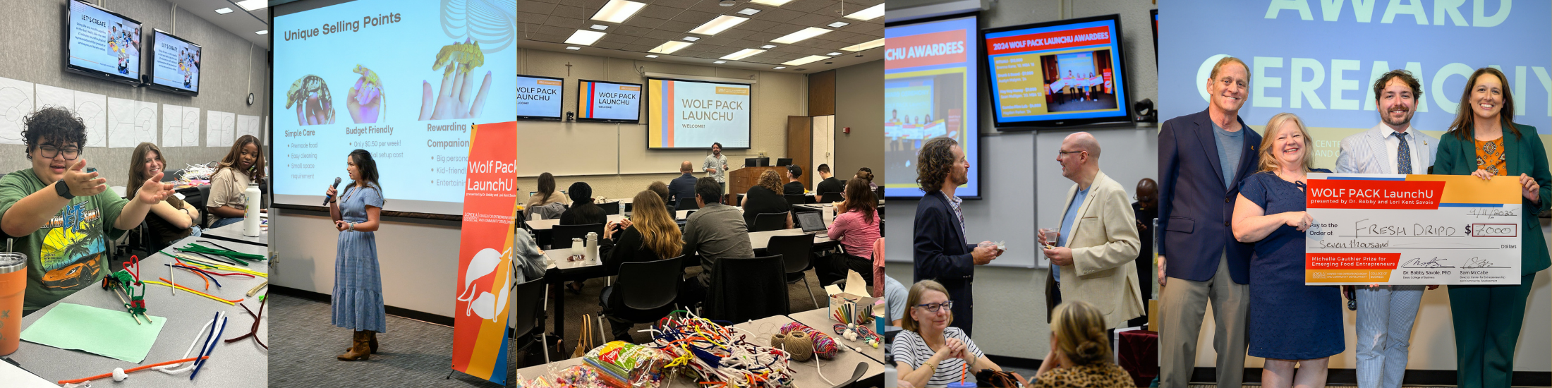 Collage of participants in Loyola University's Wolf Pack LaunchU startup accelerator collaborating during Bootcamp, presenting business ideas, networking with mentors, and celebrating at the Final Pitch Competition.