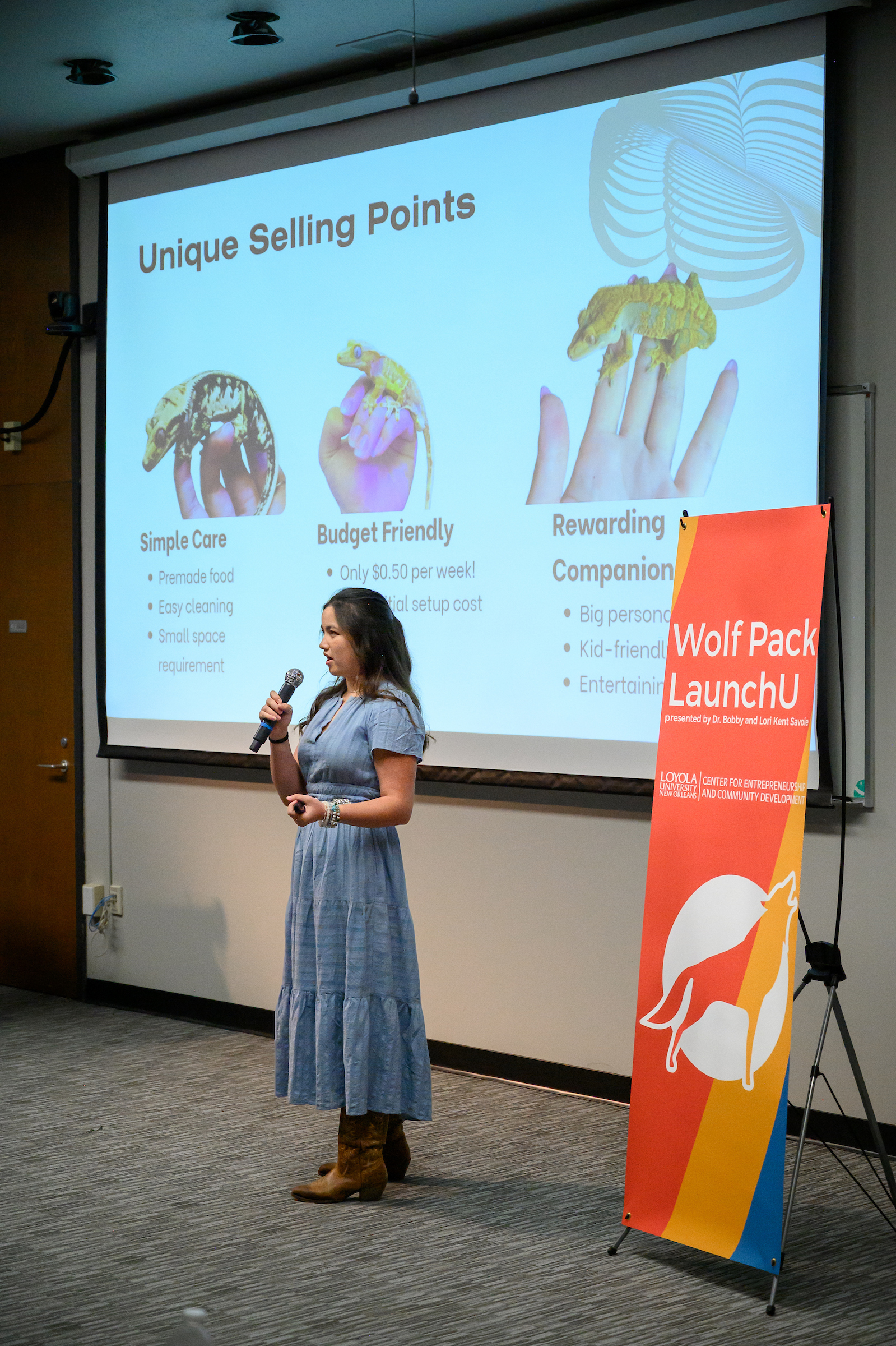 Kat Lee pitching at the LaunchU Final Pitch Competition.