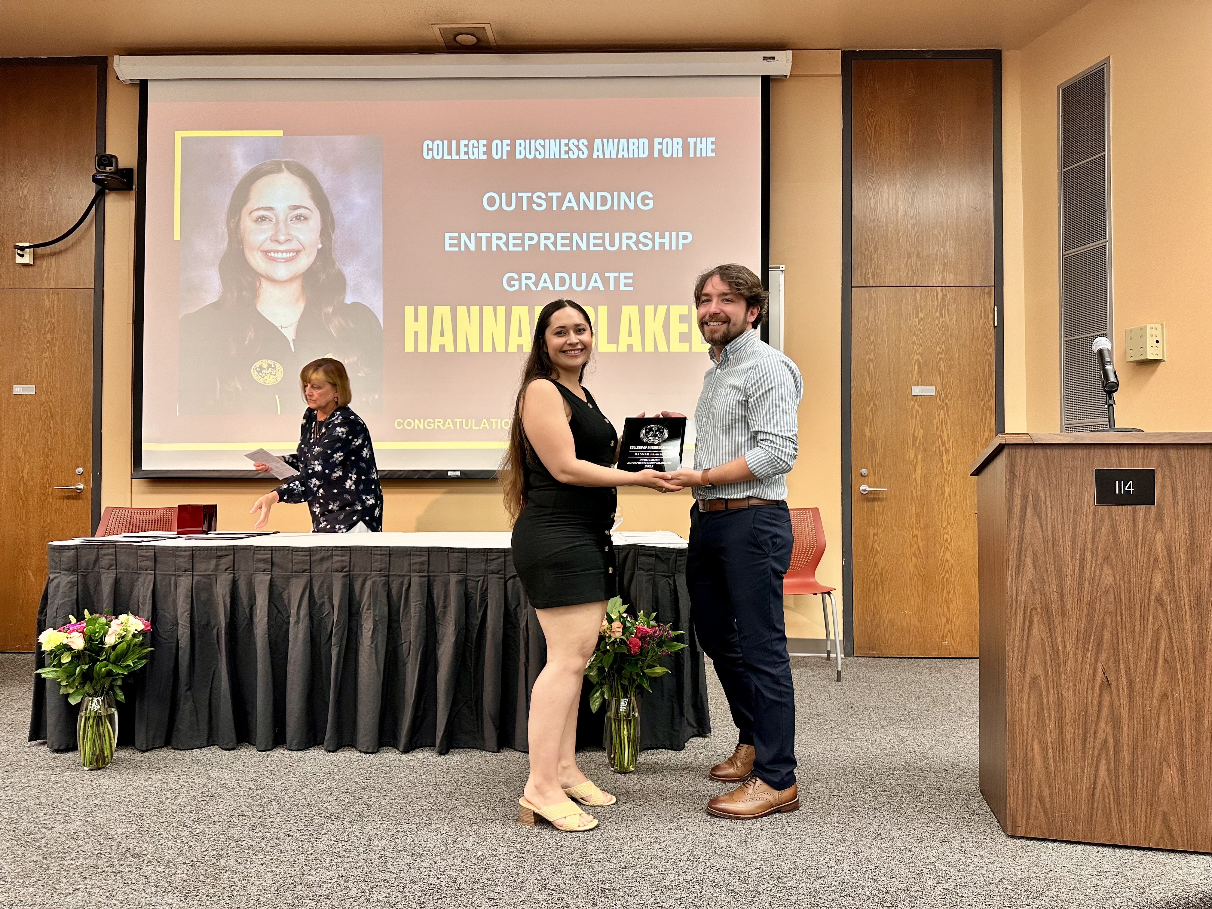 Hannah Blakely ‘25 was honored with the College of Business Award for Outstanding Entrepreneurship Graduate